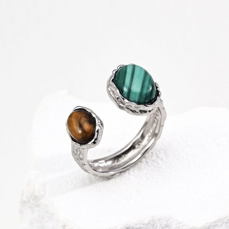 S925 18K Gold Vintage Malachite and Red Agate Open Ring