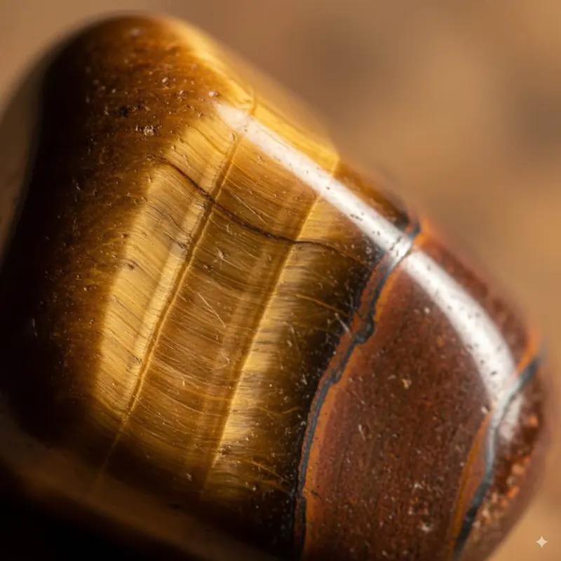 Close-up of tiger eye stone showing golden silky bands.