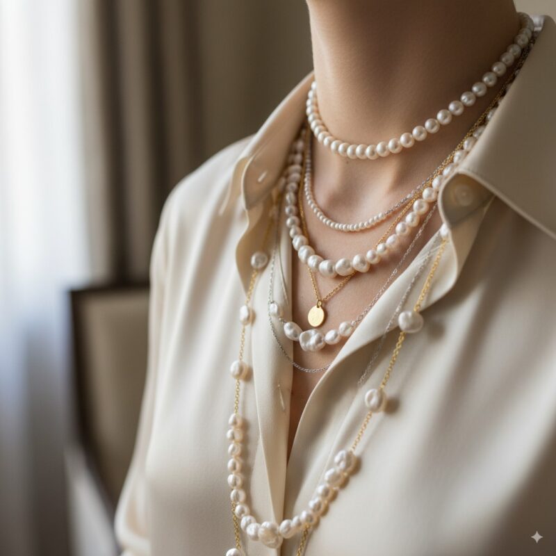 ayered pearl necklace with multiple strands