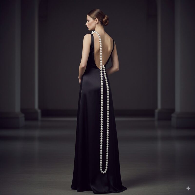 long opera pearl necklace with evening dress