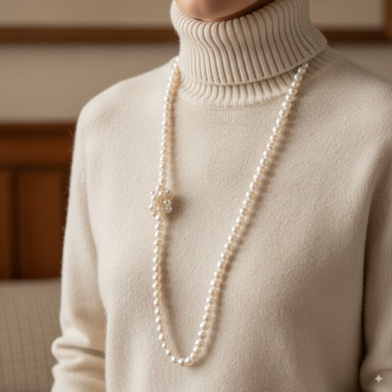 rope pearl necklace knotted around neck