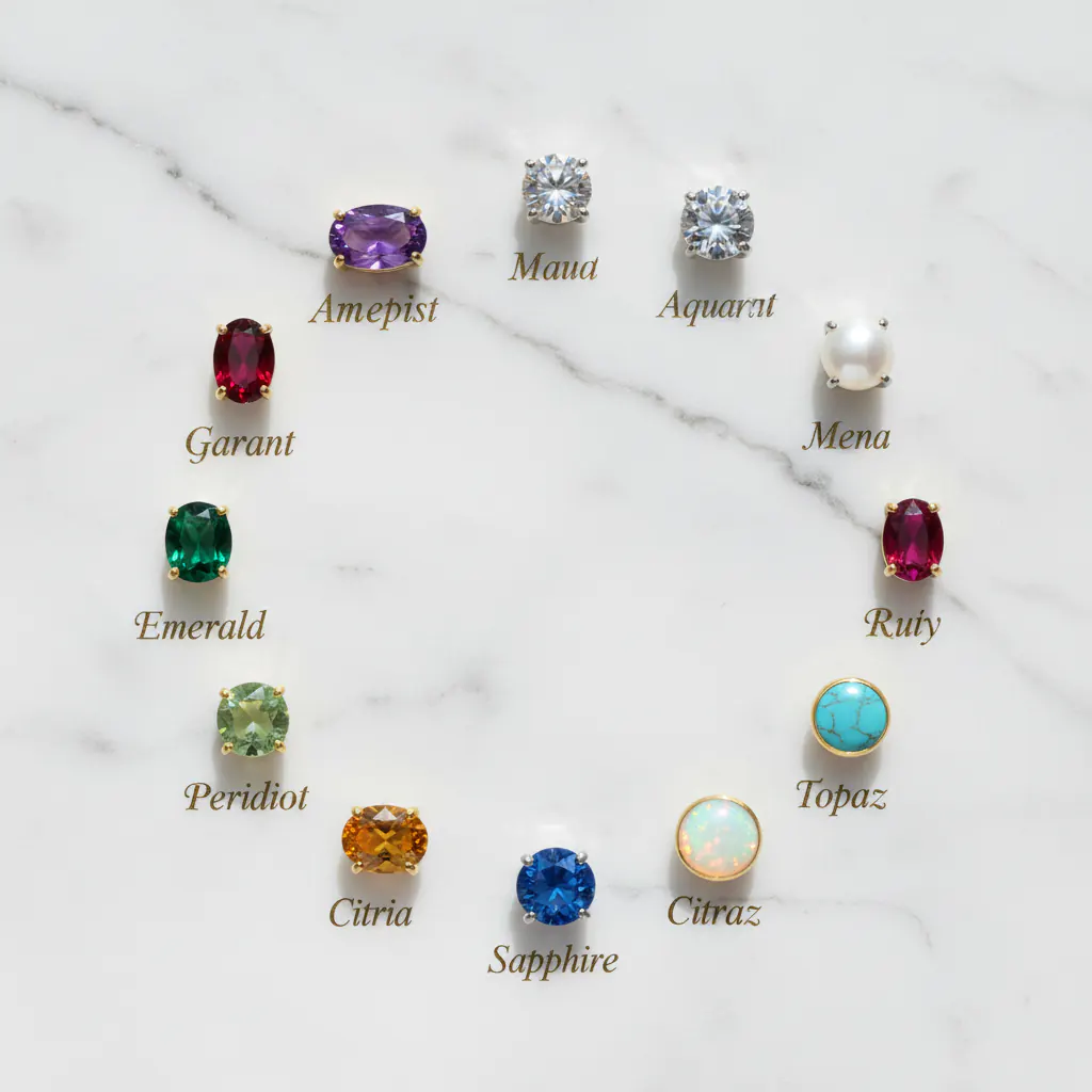 12 birthstones jewelry chart by month in luxury flat lay photography