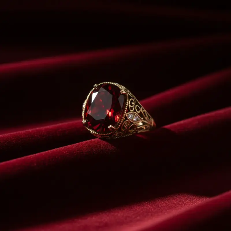 January birthstone jewelry, garnet ring in vintage gold setting symbolizing protection and strength