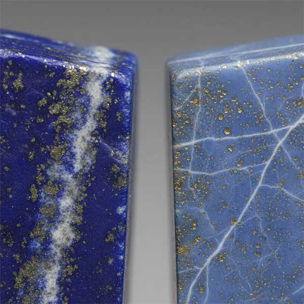 Real lapis lazuli compared with dyed imitation stone.