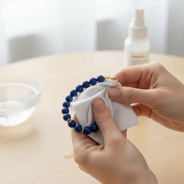 Cleaning a lapis lazuli bracelet with soft cloth and water.